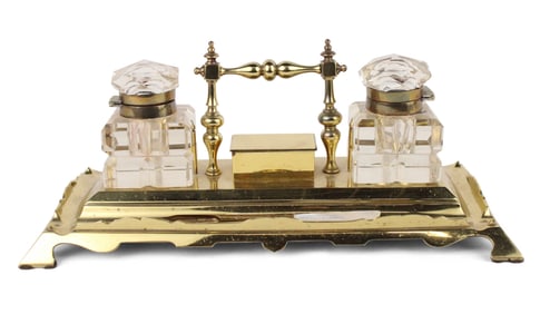 Victorian Brass and Glass Inkwell with Stand