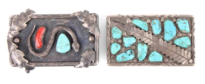Two Silver & Turquoise Belt Buckles