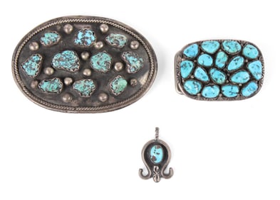 Two Silver & Turquoise Belt Buckles