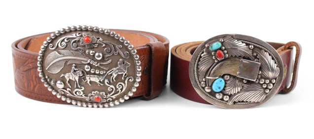 Two Silver & Turquoise Large Men's Buckles