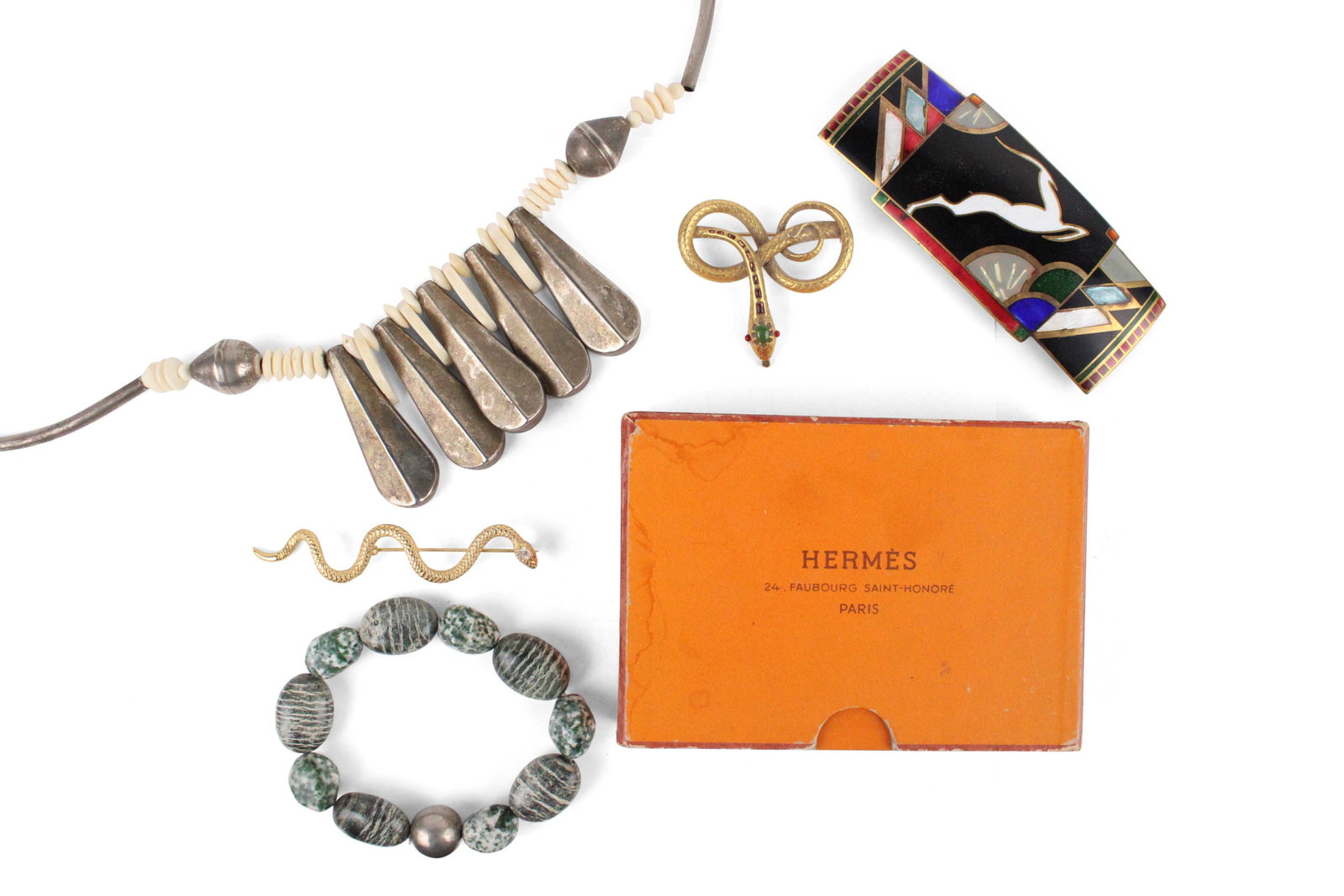 Box of Two Decks of Hermes Playing Cards: Box of Two Decks of Hermes Playing Cards Ca. 1960. Together with a David Kuo champleve enamel belt buckle - art-deco style, an MMA twisted snake brooch, a second snake pin, a stone bracelet and a mode