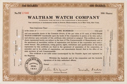 Sixty-Four Waltham Watch Co. Stock Certificates