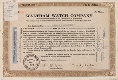 Sixty-Four Waltham Watch Co. Stock Certificates