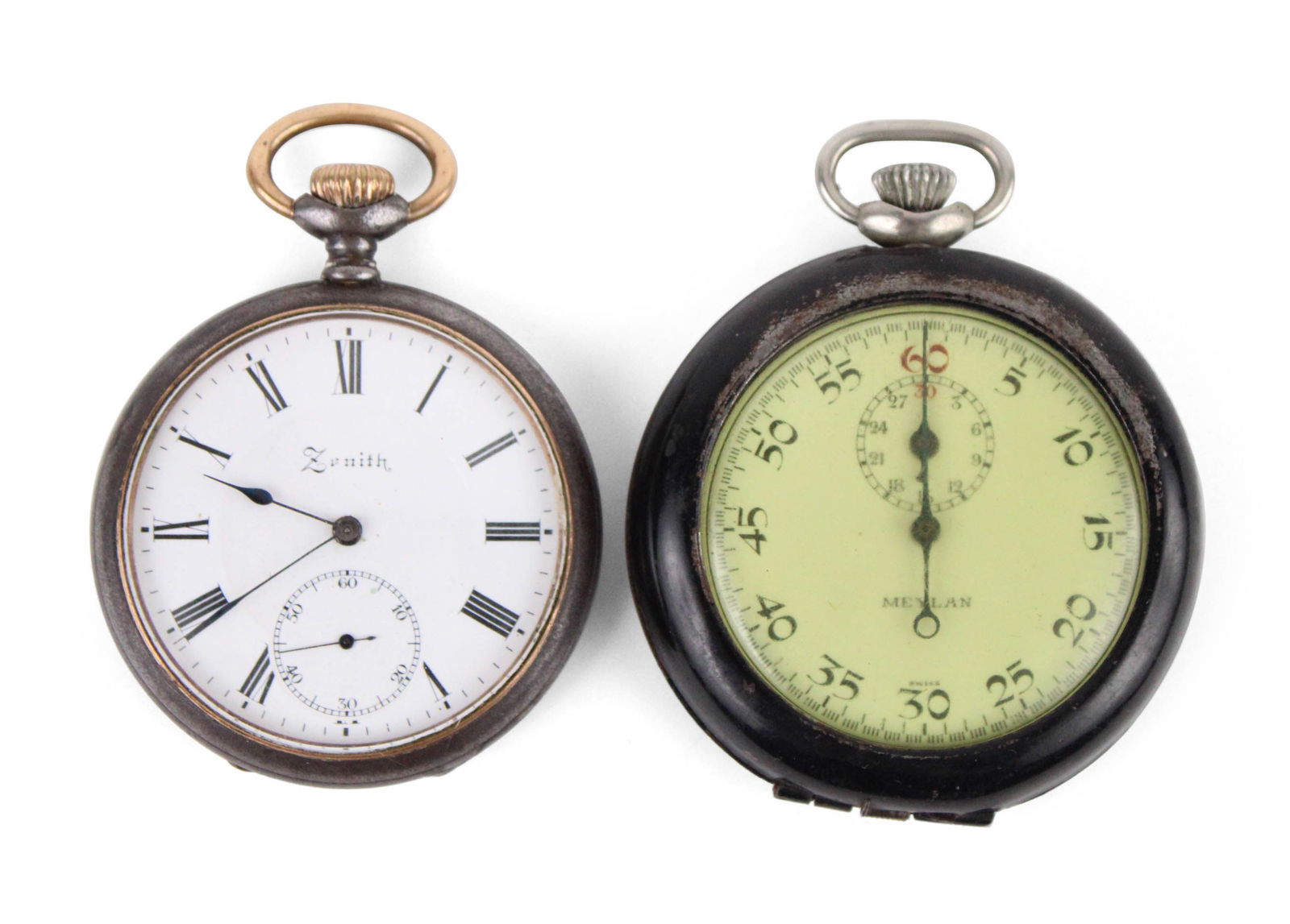 Zenith Gunmetal and Gold Pocketwatch: Zenith Gunmetal and Gold PocketwatchWith white porcelain dial and subsidiary seconds, c. 1900. Together with "Meylan" stopwatch in protective case.