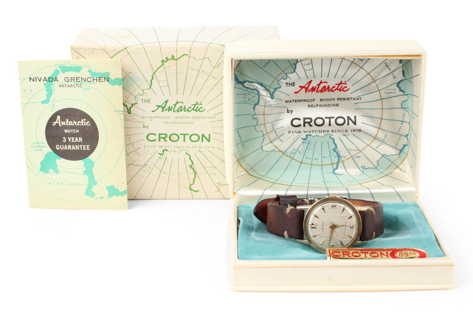 Complete Croton Antarctic Men's Automatic Watch: Complete Croton Antarctic Men's Automatic WatchOriginal inner and outer boxes, papers. Gold filled case, 3-6-9-12 silvered dial with Florentine finish, Automatic movement, old leather sport strap. A "
