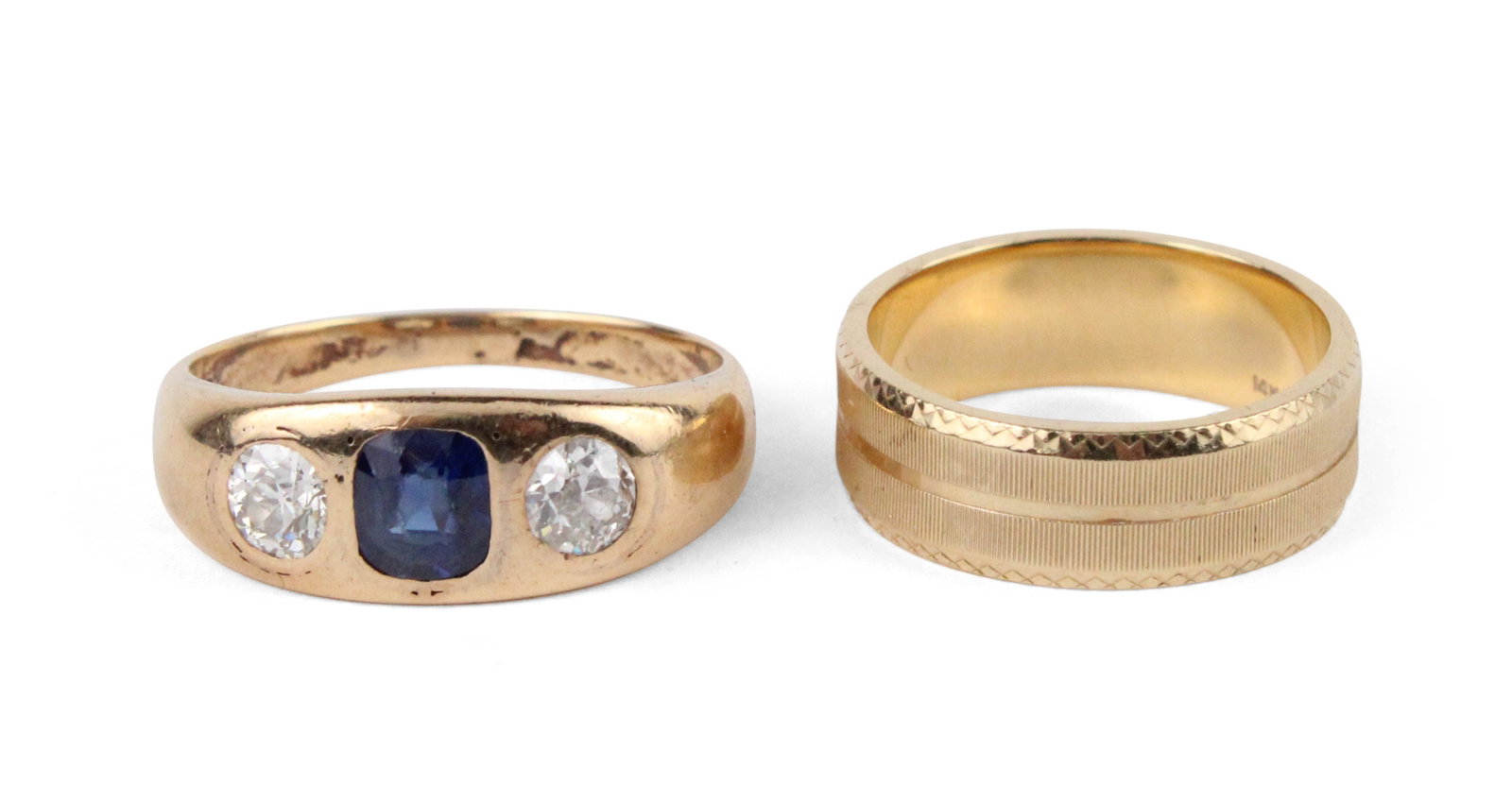 Vintage 14K Yellow Gold Band: Vintage 14K Yellow Gold Band Size 4.5, stamped 14k. Together with an illegibly stamped yellow gold ring with two .15 carat diamonds and a hardstone. Size 7 and approx. 5.75 total dwt.