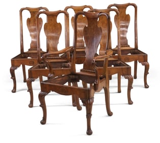 Six Queen Anne Style Inlaid Walnut Dining Chairs