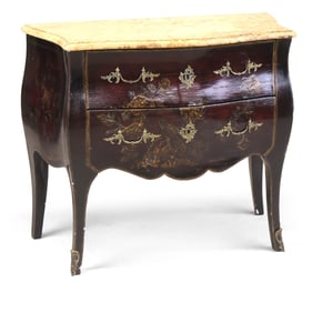 Louis XV Style Chinoiserie-Decorated Marble Top Bombe Commode