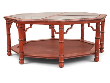 George III Style Red-Lacquer and Glass Octagonal Low Tabl