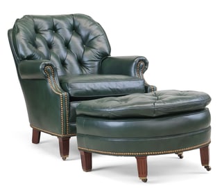 Hancock & Moore Green Leather Club Chair and Ottoman