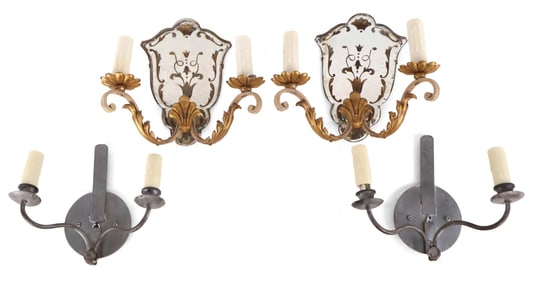 Pair of Rococo Style Gilt Mirror Back Two Light Wall Sconces