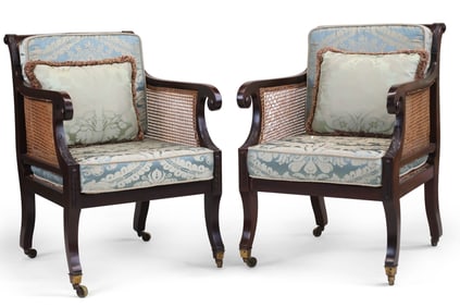 Pair of Victorian Carved Mahogany and Caned Bergeres