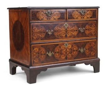 William and Mary Walnut Oyster-Veneered and Marquetry Chest of Drawers