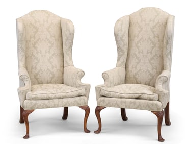 Two Similar Queen Anne Style Walnut Wing Armchairs