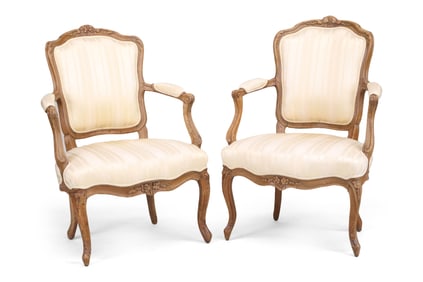 Pair of Louis XV Style Carved Fruitwood Fauteuil