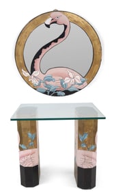 Flamingo-Decorated Lacquer Mirror and Console Table