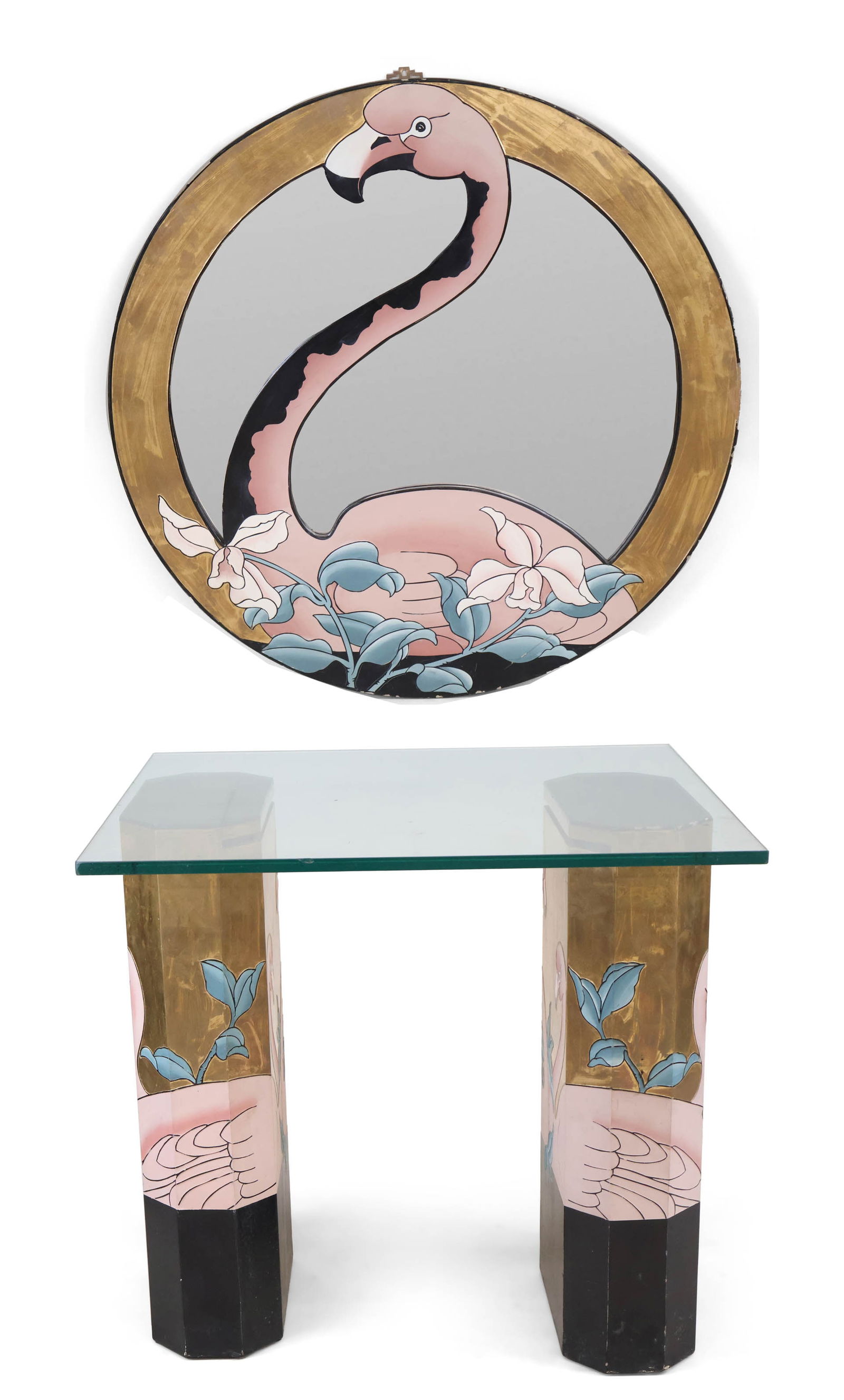 Flamingo-Decorated Lacquer Mirror and Console Table: Flamingo-Decorated Lacquer Mirror and Console TableComprising, a circular mirror with a two pedestal table with associated glass top.Losses, surface distress.Mirror 36 in. (91.4 cm.), Table: 33 1/4 x
