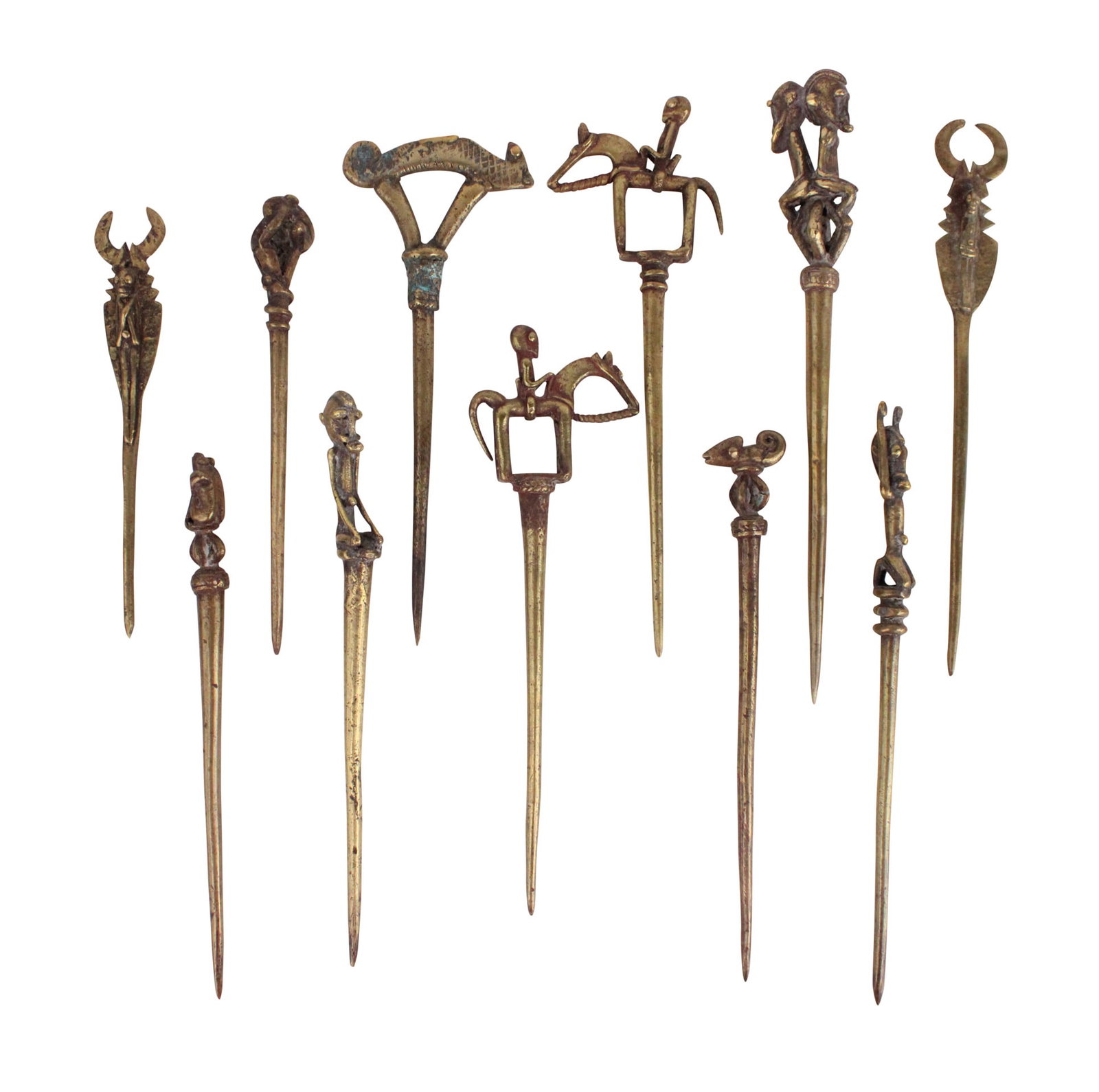 Group of African Figural Brass Hair Ornaments: Group of African Figural Brass Hair Ornaments Including, people and animals. 17 pieces.