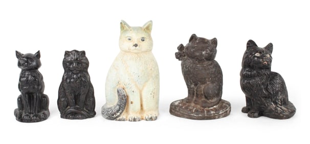 Five Painted Cast-Iron Cat-Form Doorstops