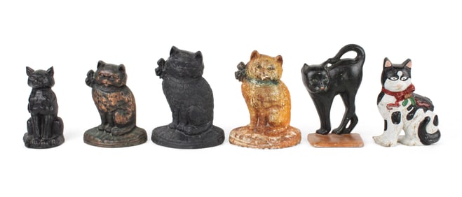 Six Painted Cast-Iron Cat-Form Doorstops