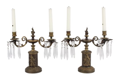 Pair of Regency Patinated and Gilt-Bronze and Cut-Glass Two Light Candelabra