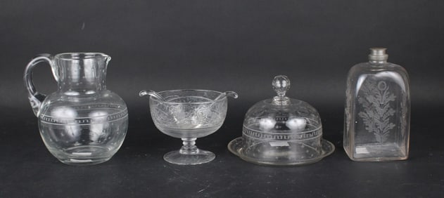 Blown and Engraved Roman Key & Star Pitcher and Cheese Dome