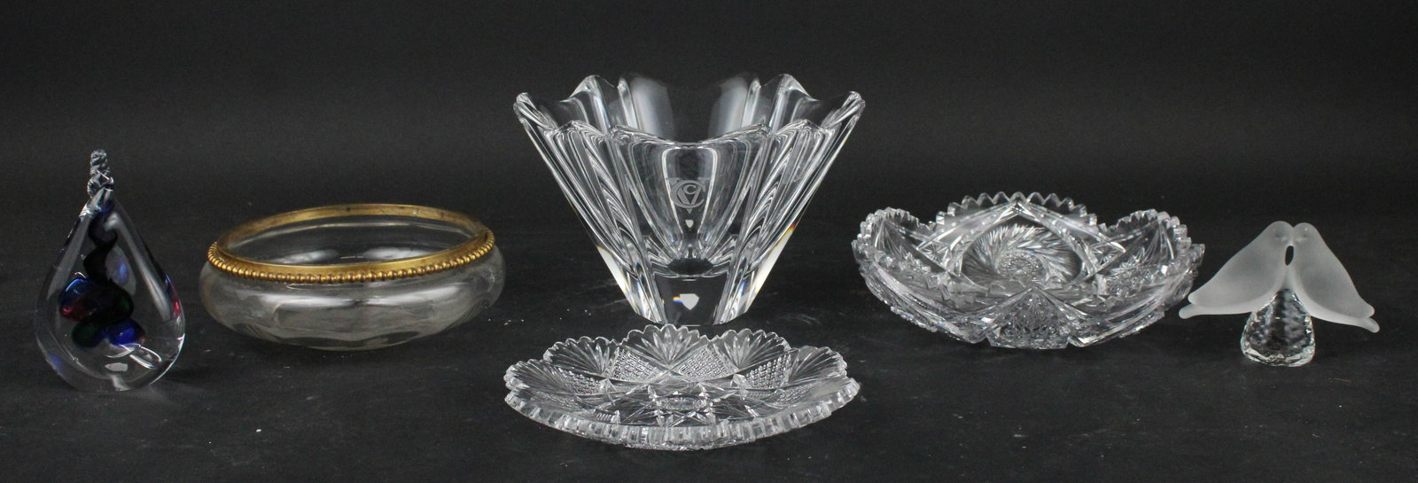 Orrefors Crystal Bowl: Orrefors Crystal BowlTogether with a cut glass bowl and plate, a gilt rimmed bowl, a turtledove figurine, and a twist paperweight. 6 piecesOrrefors: 5 1/4 x 7 1/2 in. (13.3 x 19.1 cm.)