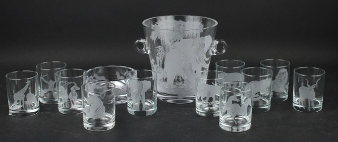 Partial Set of Perry Coyle African Animal Decorated Colorless Barware