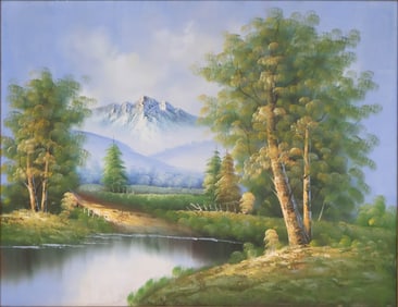 Mountain Landscape with River, Oil on Canvas