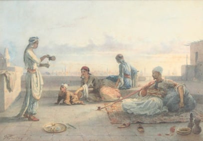 Willem "de" Famars Testas, 1834-1896, Family on Egyptian Rooftop, Watercolor