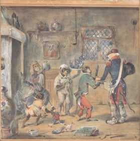 Anthropomorphic Monkeys in a Kitchen, Watercolor on paper
