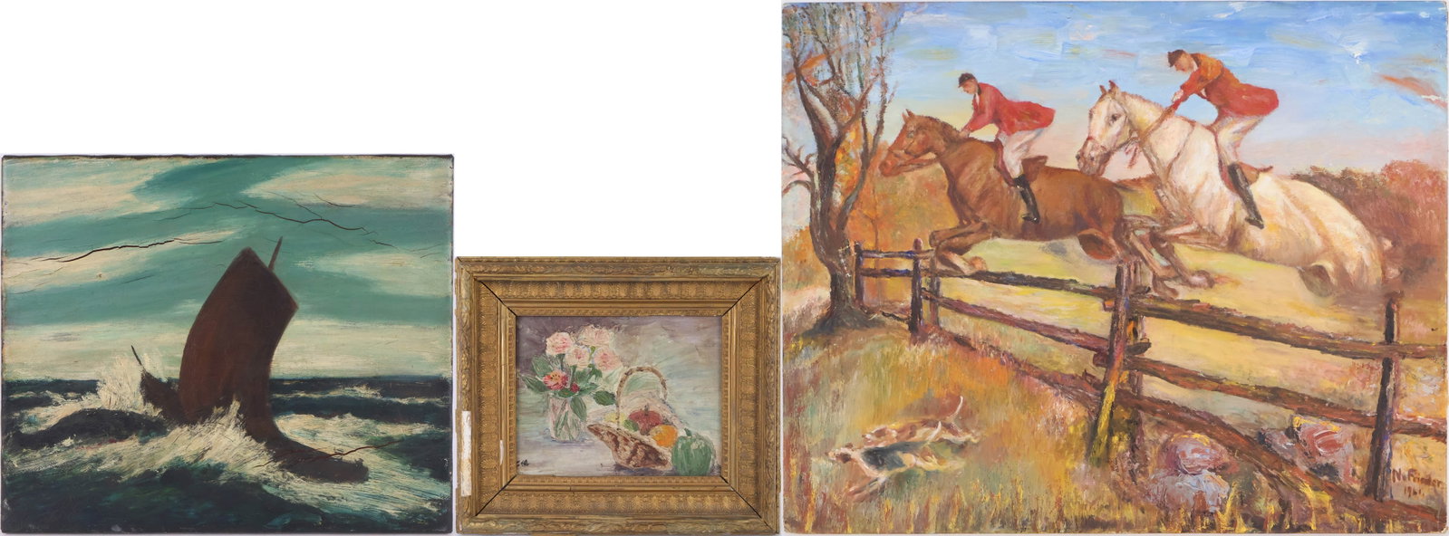 N Frieder, Foxhunters Jumping a Fence, Oil on Artist Board: N Frieder Foxhunters Jumping a Fence Oil on Artist Board Signed l.r. Together with an oil on canvas, depicting ships at rough seas, bears Sotheby's label verso and an oil on canvas still life of fruit