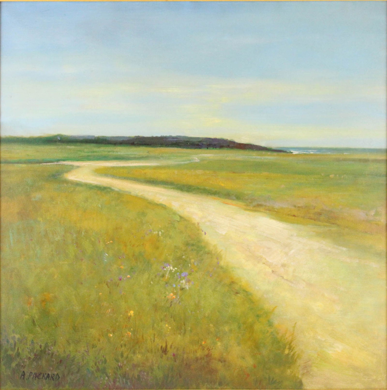Anne Packard, American 1933-, Grassy Path Along Sea, Oil on Canvas: Anne PackardAmerican, 1933-Grassy Path Along SeaOil on CanvasSigned l.l. "A. Packard"Sight: 29 1/2 x 29 1/2 in. (74.9 x 74.9 cm.), Frame: 34 1/4 x 34 1/4 in. (87 x 87 cm.)