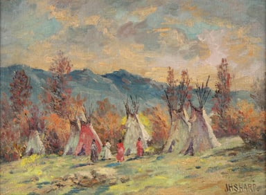 Joseph Henry Sharp, 1859-1953, Native American Encampment, Oil on Board