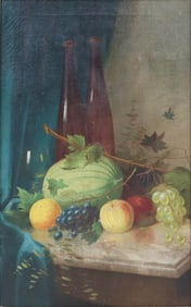 Still Life of Melons, Fresh Fruit and Wine, Oil on Canvas