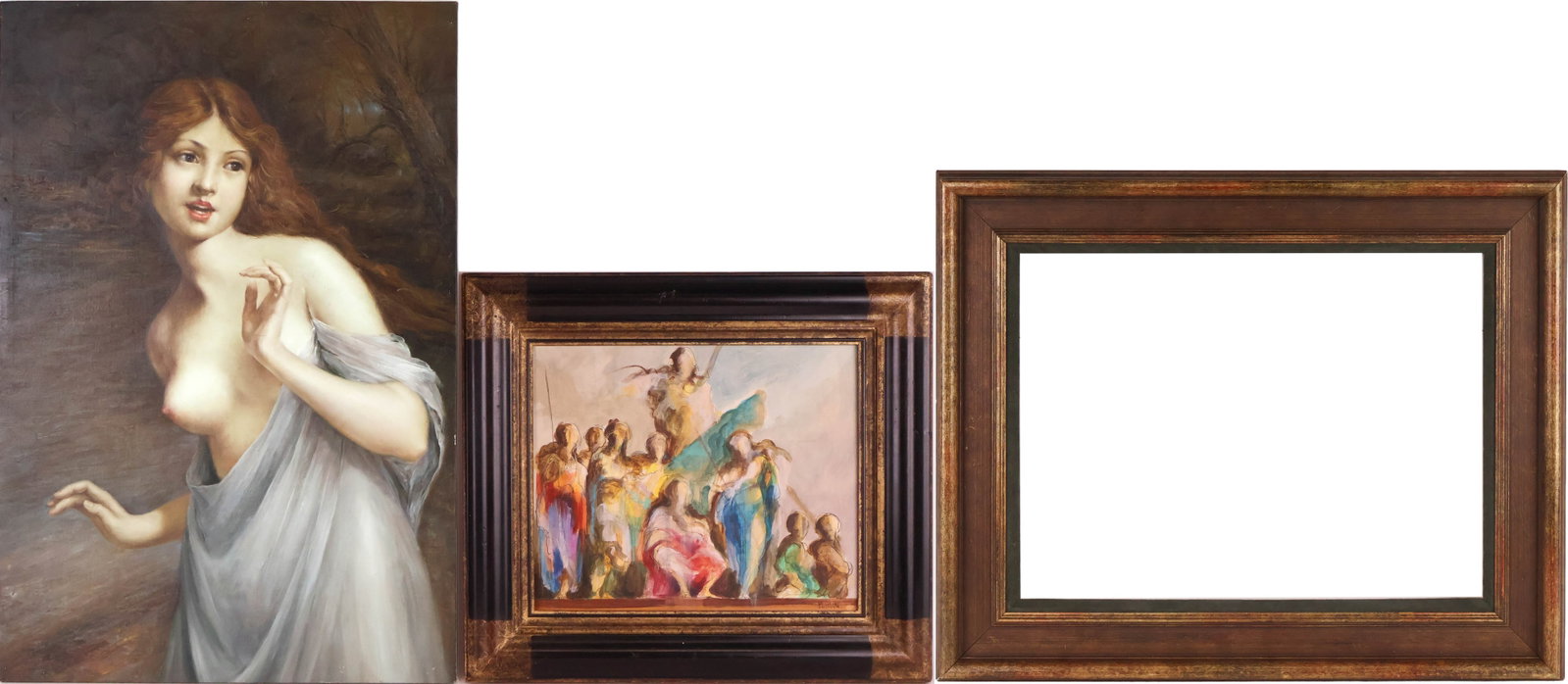 Paul Conte, Abstract Classical Figures, Oil on Canvas: Paul Conte Abstract Classical Figures Oil on Canvas Signed l.r. and verso. Together with a giclee on canvas of a classical nude woman and a gilt frame. 3 pieces Sight: 14 1/2 x 17 1/2 in. (36.8 x 44.5