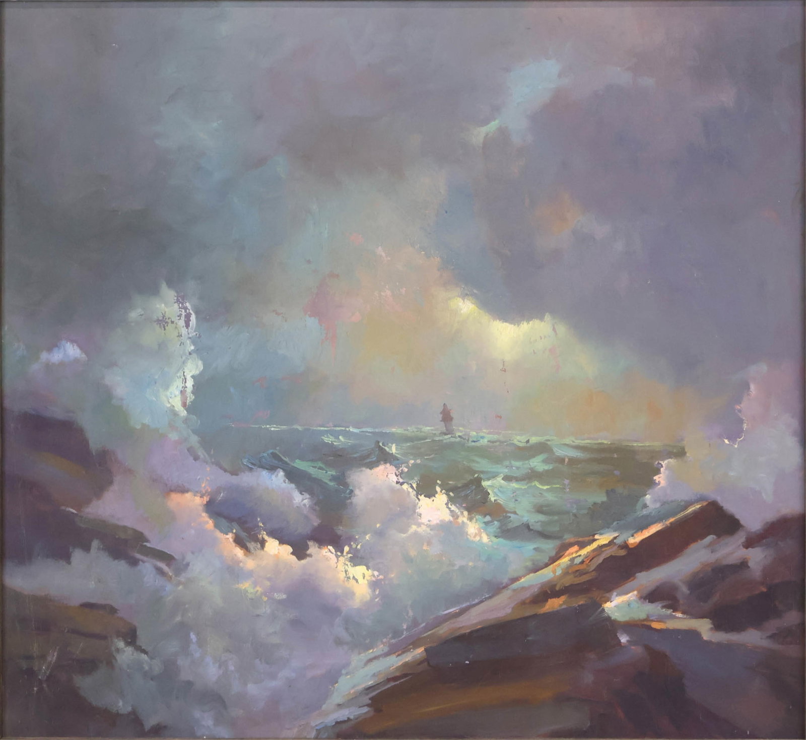 Rough Seas, Oil on Canvas: Rough Seas Oil on Canvas Appears to be unsigned. Sight: 37 1/2 x 41 3/4 in. (95.3 x 106 cm.), Frame: 45 1/4 x 49 1/4 in. (114.9 x 125.1 cm.)