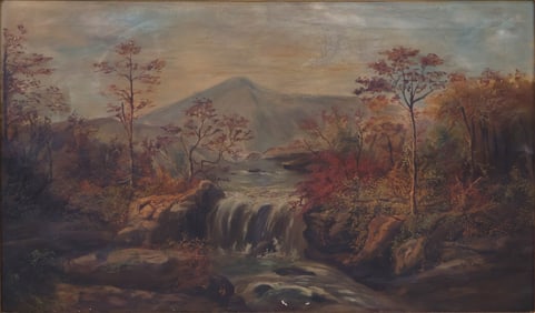 Autumnal Landscape with Waterfall, Oil on Canvas