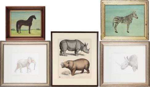 W. Parland, Rhinoceros and Hippopotamus, Hand Colored Print