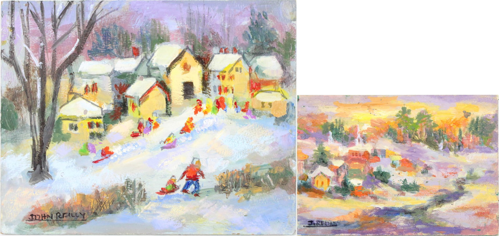 John Reilly, 1942-2021, Two Bucolic Landscapes, Oil on Board: John Reilly 1942-2021 Two Bucolic Landscapes Oil on Board One depicting sledding, the other a village scene, each signed l.l. From: 5 x 7 in. (12.7 x 17.8 cm.), to 8 x 10 in. (20.3 x 25.4 cm.)