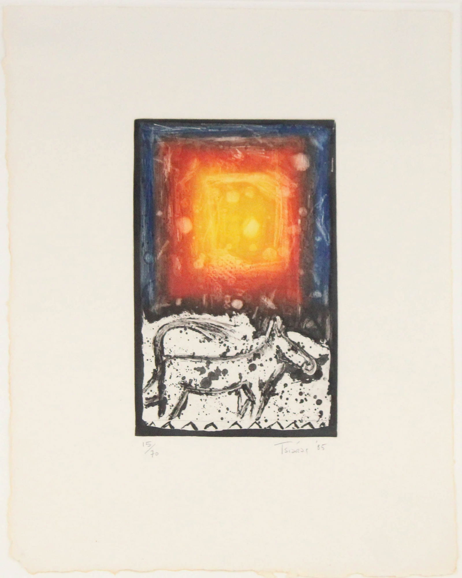 Philip Tsiaras, 1952-, Horse in the Sun, Engraving: Philip Tsiaras1952-Horse in the SunEngravingSigned in pencil l.r. and dated '85, numbered 15/70.Sight: 16 1/2 x 13 in. (41.9 x 33 cm.), Frame: 23 3/4 x 20 1/2 in. (60.3 x 52.1 cm.)