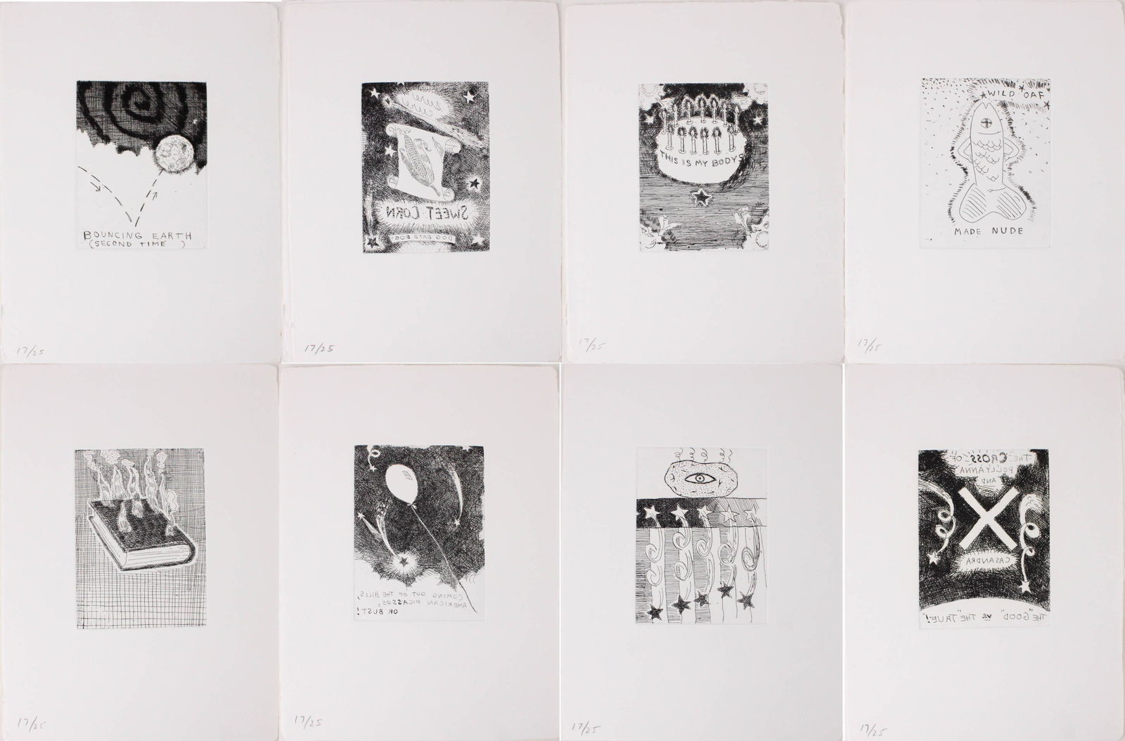 Paul Thek, American 1933-1988, Eight Untitled, Etchings: Paul ThekAmerican, 1933-1988Eight UntitledEtchingsOn handmade Twinrocker paper, 1975/92, all numbered 17/25, paper embossed George Paul Thek, titled (Bouncing Earth, 2nd Time), (Potato Flag), (Sweet C
