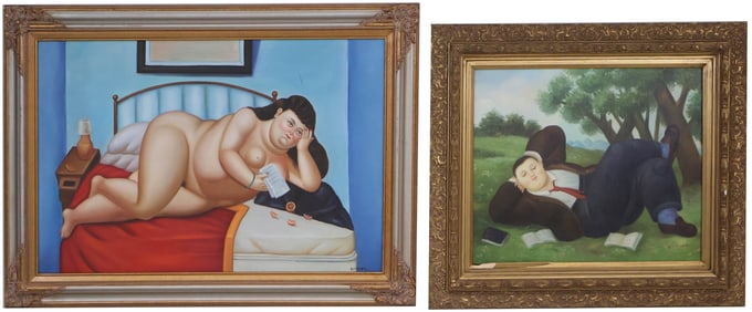 After Fernando Botero, Colombian 1932-2023, Reclining Figures, Print on Canvas