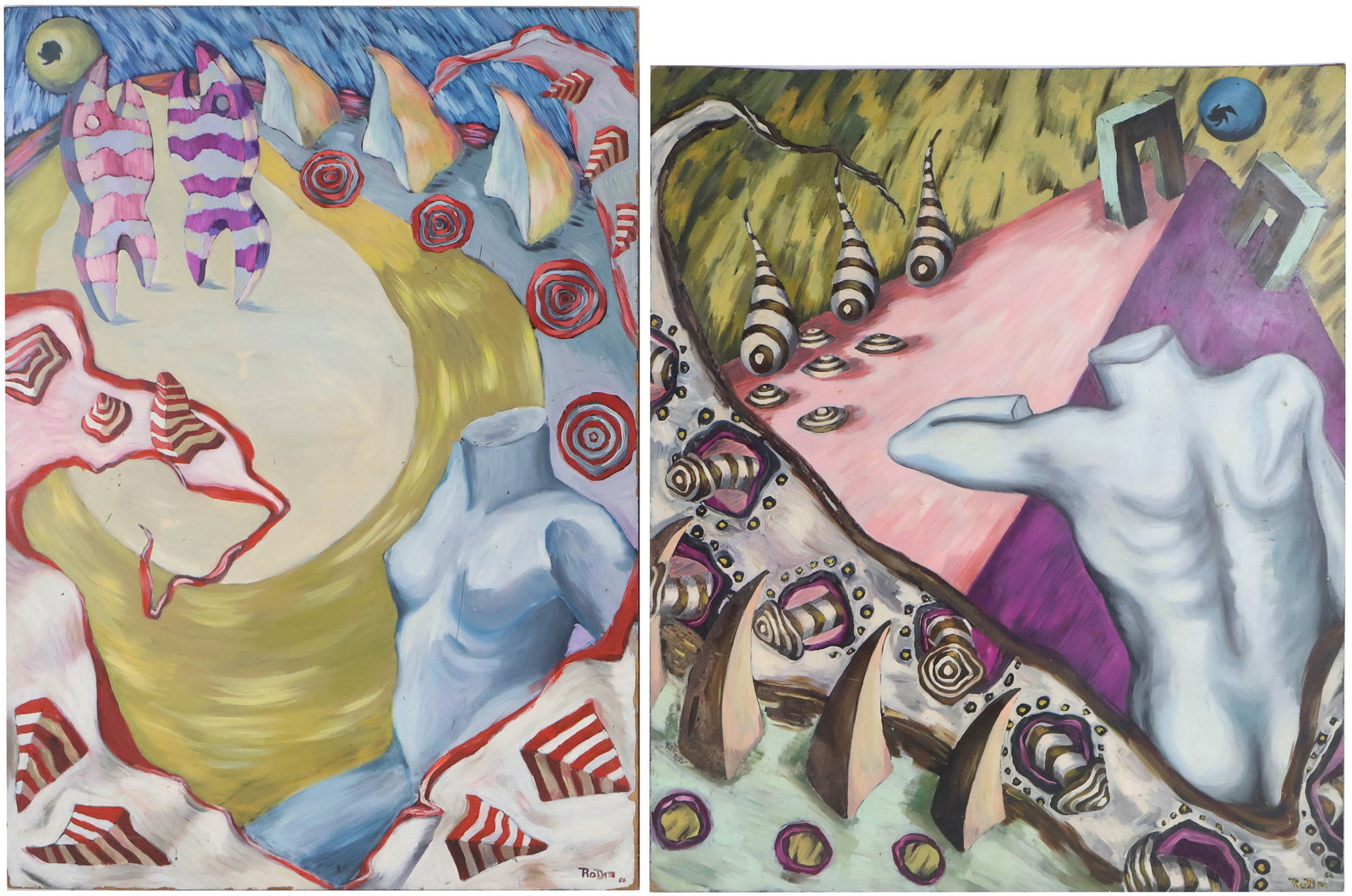 Two Surrealist, Oils on Panels: Two Surrealist Oils on Panels Both signed "RoDia". Losses to paint and wear. 30 x 26 in. (76.2 x 66 cm.), and 32 1/4 x 24 in. (81.9 x 61 cm.)
