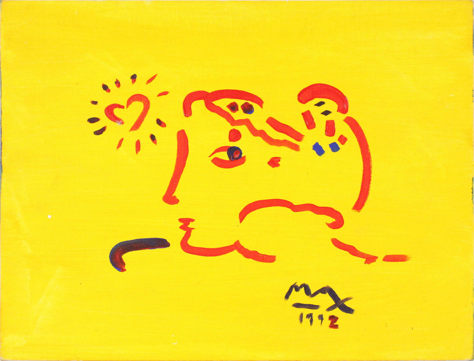 Peter Max, German/American 1937, Face on Yellow Ground, Oil on Artist Board: Peter MaxGerman/American, 1937Face on Yellow GroundOil on Artist BoardSigned l.r. and dated 1992.14 x 18 in. (35.6 x 45.7 cm.)