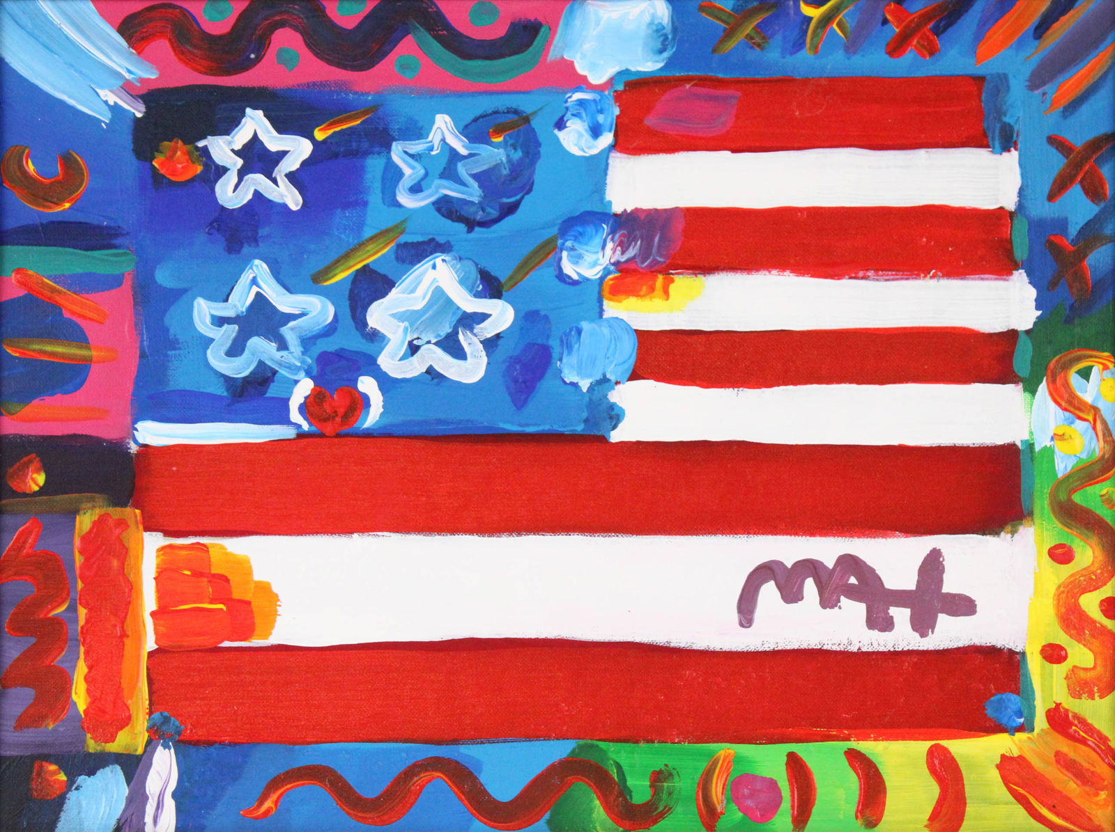 Peter Max, German/American 1937, American Flag, Oil on Artist Board: Peter MaxGerman/American, 1937American FlagOil on Artist BoardSigned l.r., board stamped "Peter Max"Sight: 11 1/2 x 15 1/2 in. (29.2 x 39.4 cm.), Frame: 19 x 22 3/4 in. (48.3 x 57.8 cm.)