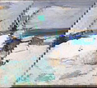 Joanne Gedney, Abstract in White and Blue, Oil on Canvas