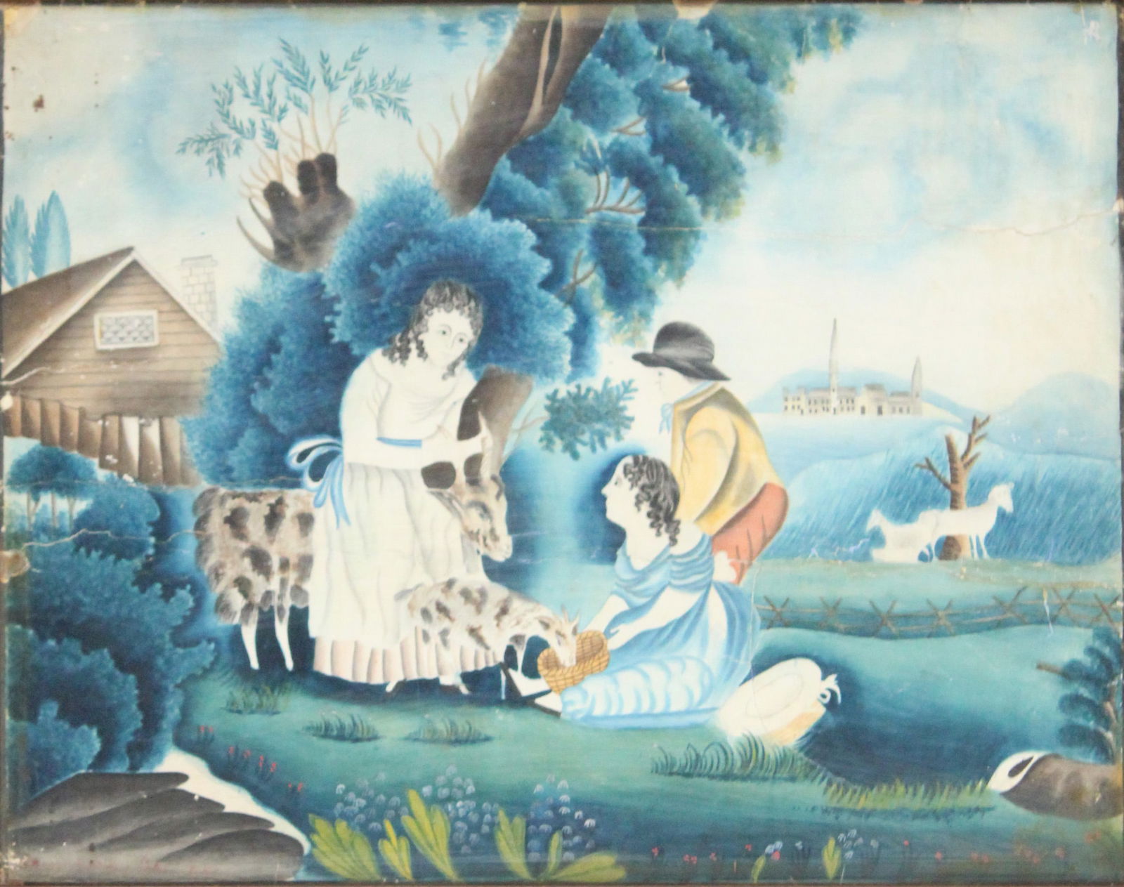 Children with Goats, Mixed Media on Paper: Children with GoatsMixed Media on PaperFolk Art painting, 19th C.Tears, repairs, losses.Sight: 16 1/2 x 21 3/4 in. (41.9 x 55.2 cm.), Frame: 21 1/2 x 26 in. (54.6 x 66 cm.)