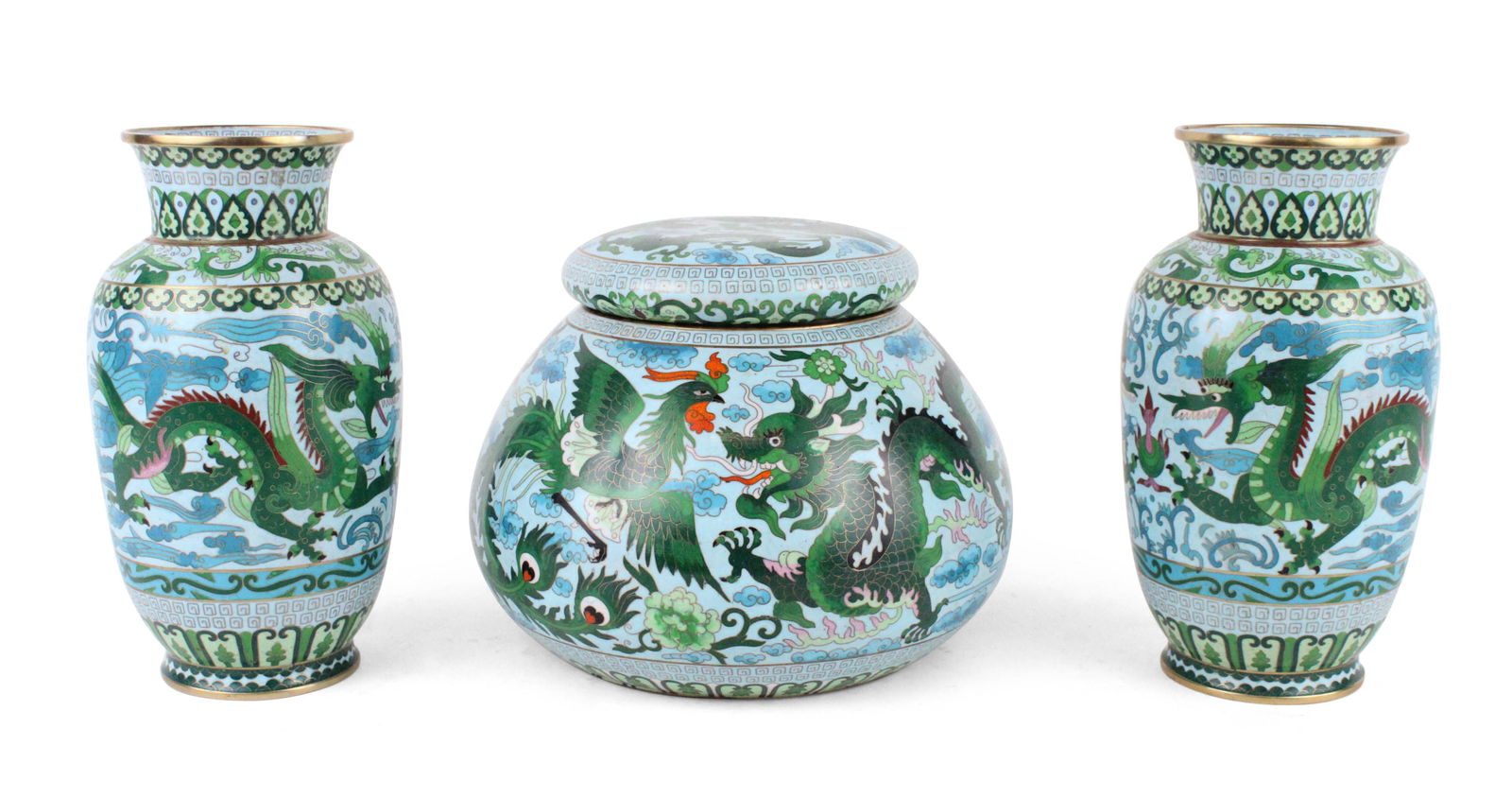 Three Dragon-Decorated Enamel Jars: Three Dragon-Decorated Enamel JarsChinese, 20th C.From: 7 1/2 x 9 1/2 in. (19.1 x 24.1 cm.), to 9 3/4 x 5 in. (24.8 x 12.7 cm.)