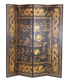 Chinese Export Black, Red & Gilt Lacquer Four-Panel Screen